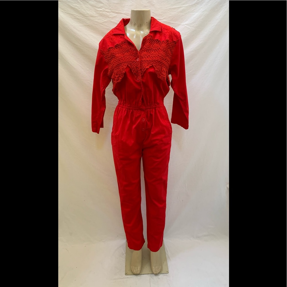 VTG J.M. Pink Size Medium Red Embroidered/Crochet Jumpsuit
